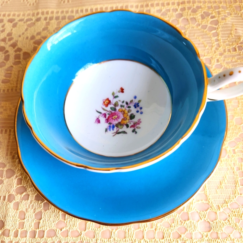 Antique Blue Teacup Coal Port Footed Saucer Floral Gold Fine Porcelain China